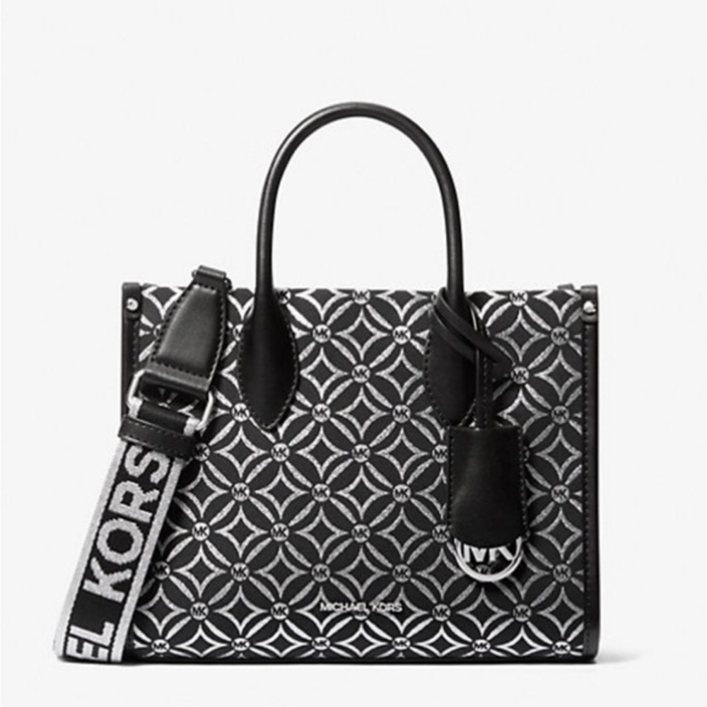 Michael Kors Mirella Small Metallic Logo Jacquard Crossbody Bag Black/Silver - Picture 2 of 12